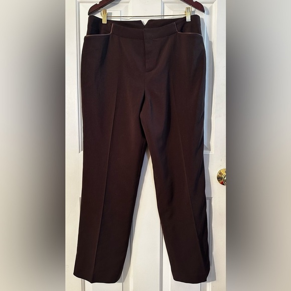 LAUREN RALPH LAUREN PETITE Brown 100% Wool Leather Trim 14P Straight Leg Career - Picture 1 of 13